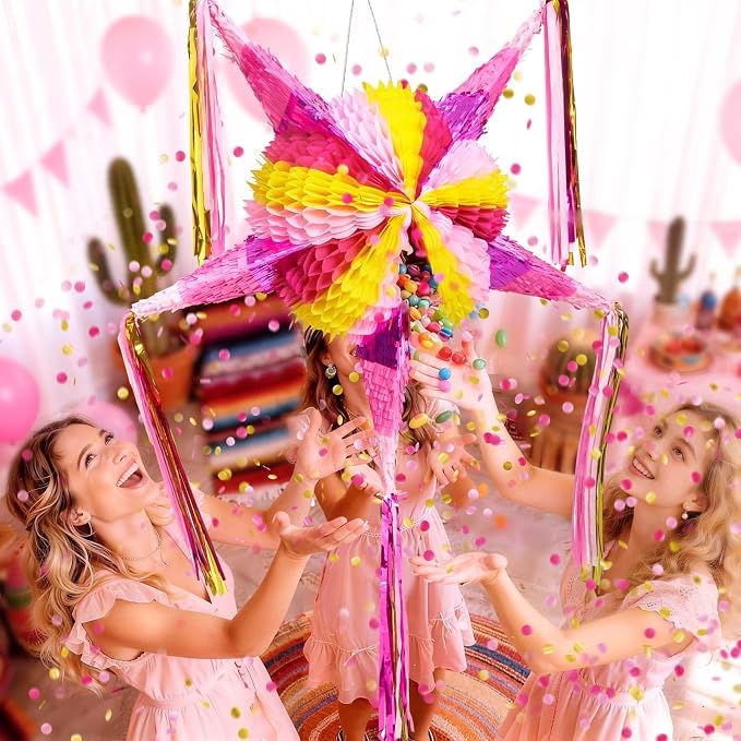 WERNNSAI Large 32" Cinco de Mayo Star Piñata - Foldable Pink Mexican Star Piñata for Kids Girls Pink Piñata Fiesta Party Decorations Luau Event Birthday Party Supplies Mexican Theme Carnivals