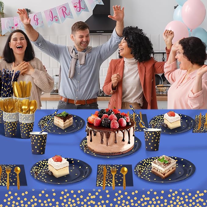 Nkaiso 193 Pcs Navy Blue Gold Paper Plates and Napkins Party Supplies Sets Include Navy Blue Party Plate Cup Napkin Plastic Cutlery for Baby Shower, Wedding, Birthday Decoration -24 Guest
