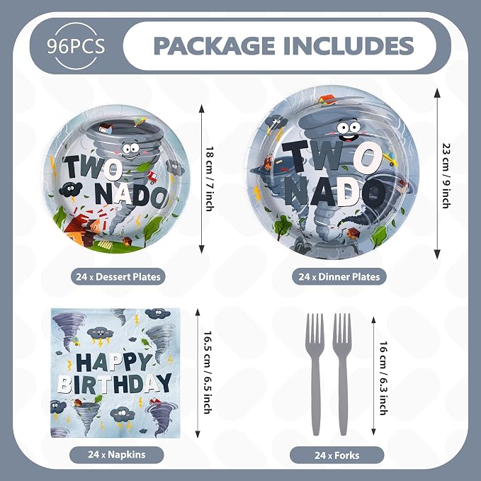 96Pcs Twonado Birthday Party Decorations Grey Tornado 2nd Birthday Plates and Napkins Disposable Tornado Paper Tableware for Boys Kids 2 Year Old Party Supplies, Serves 24
