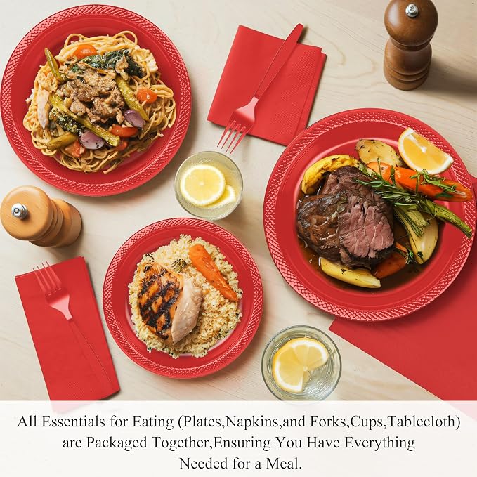 Red Plastic Plates for Party - 30 Guest 9" Dinner Plates & 7" Dessert Plates,12 oz Cups,Napkins,Forks,Disposable Plastic Tableware for Birthday,BBQ,Christmas