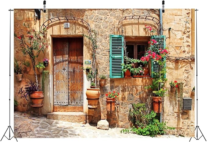 5x3ft Fabric Italy Street Backdrop Tuscany Medieval Town Street Stone Wall Window Photography Background for Italian Theme Party Decorations Wedding Birthday Photo Booth Props