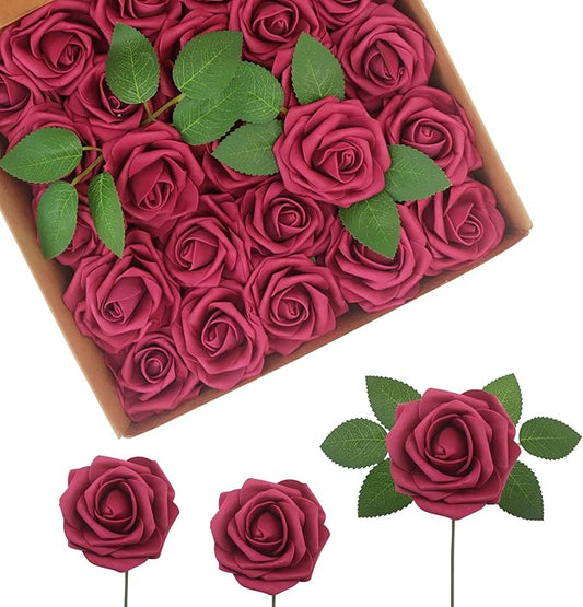 JOYLEX Artificial Flowers Realistic Roses, Real Looking Fake Roses with Stem for DIY Wedding Bouquets Centerpieces Bridal Shower Party Home Romantic Decorations (Wine Red, 100pcs)