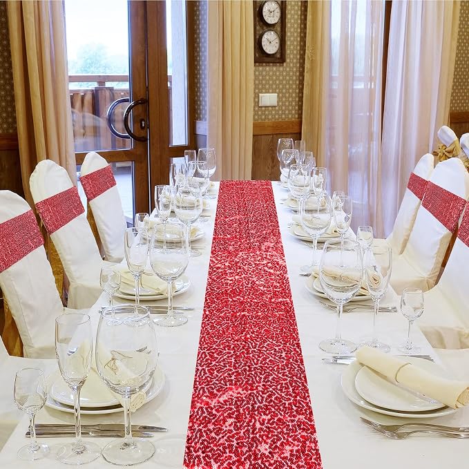 Newwiee 54 Pcs Red Sequin Chair Sashes and Table Runners, 48 Sequin Chair Bows, 6 Glitter Table Runners for Birthday Party Wedding Banquet Holiday Decorations