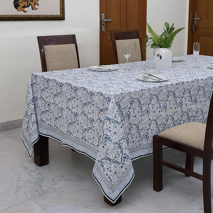 Ridhi Spruce Carolina Blue Hand Block Print Cotton Rectangle Tablecloth 108" x 70" inches Reusable Table Cover Decorative Everyday Use for Dining Room, Farmhouse, Home Gift for Spring, Mother's Day