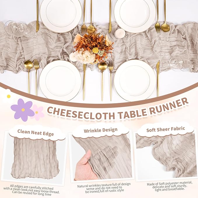 6 Pack Cheesecloth Table Runner,Brown Grey Table Runner Long Romantic Semi Sheer Rustic Boho Gauze Table Runners for Wedding Bridal Shower Birthday Party Decorations(17.7×108 Inch)