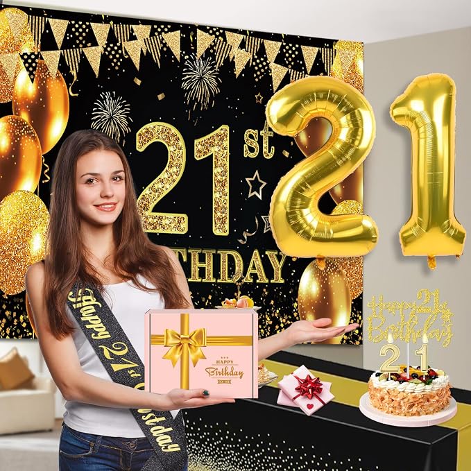 21st Birthday Decorations for Him Her with Banner, Black and Gold Table Cloth, Number Balloons, Large 21st Birthday Sash, Cake Topper and Candles
