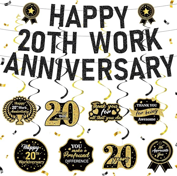 11pcs 20 Year Work Anniversary Decorations Black Gold Happy 20th Work Anniversary Banner Hanging Swirls Employee Appreciation Decorations Supplies 20 Year Workiversary Gifts for Employee Worker