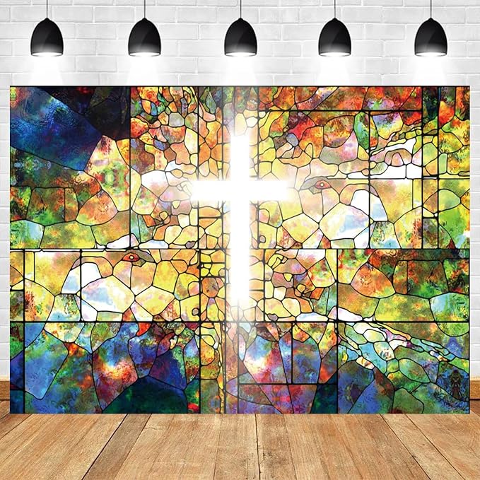 10x5ft Jesus Cross Backdrop Crucifix Church Event Photography Background Stained Glass Holy Bible Lord Pray Sanctuary Religious Baptism Banner Decorations Easter Portraits Photo Booth Prop