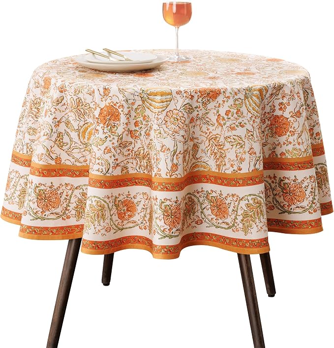 Maison d'Hermine Table Cloth Round Table 100% Cotton 69 Inches Tablecloth Reusable Decorative Everyday Use for Dining Room, Farmhouse, Home, Party, Festive & Wedding - Pumpkin Spice