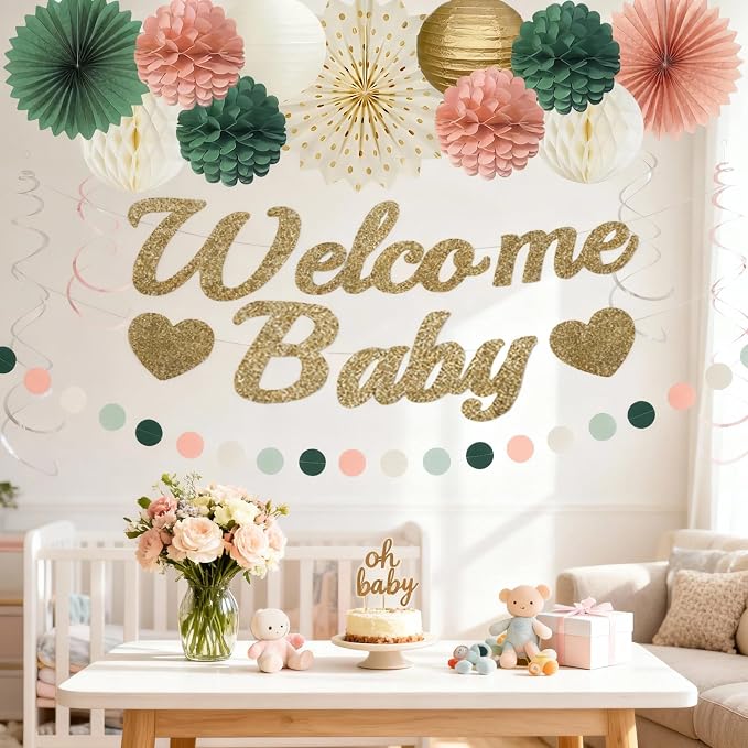 Pink Sage Green Baby Shower Decorations, Welcome Baby Banner with Honeycomb Balls, Paper Flowers, Lanterns, Fans, Circle Garland for Nursery, Gender Reveal Party Decor 19pcs