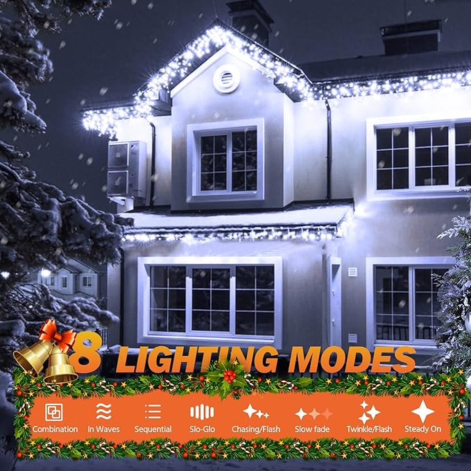 USOKYO Icicle Christmas Lights Outdoor, 480 LED 39FT String Lights With 96 Drops, 8 Modes and Timer, Twinkle Fairy Lights for House Patio Bedroom Wedding (Cool White)