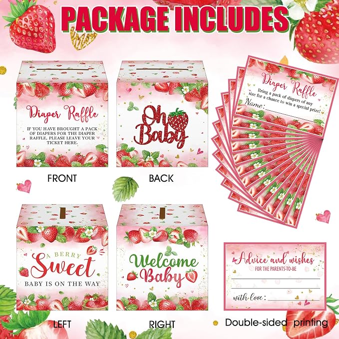 Teling 51 Pieces Diaper Raffle Tickets with Card Box Baby Shower Decorations Baby Shower Holder Box for Girl Boy Diaper Raffle Party(Strawberry)