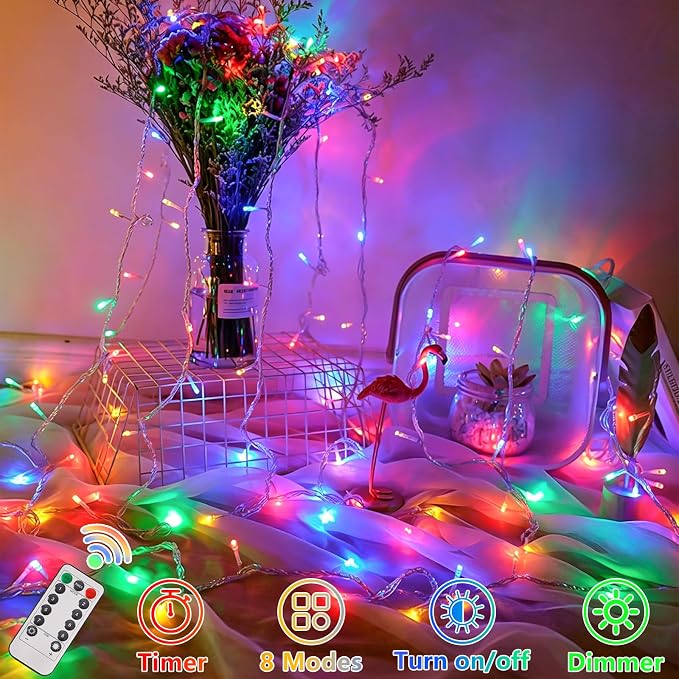 YEGUO Battery Operated String Lights, 2 Pack Each 33ft 100 LED Twinkle Fairy Lights Outdoor Waterproof, 8 Modes Clear Wire Multicolor Christmas Lights Indoor with Remote