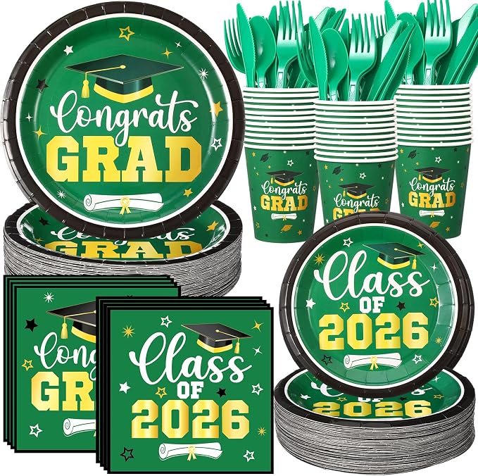 Funnymoom 400 Pcs Graduation Party Supplies Class of 2026 Graduation Paper Plate Napkin Cup Cutlery Congrats Grad Disposable Tableware Set for Grad Party Decorations, Serve 50(Green)