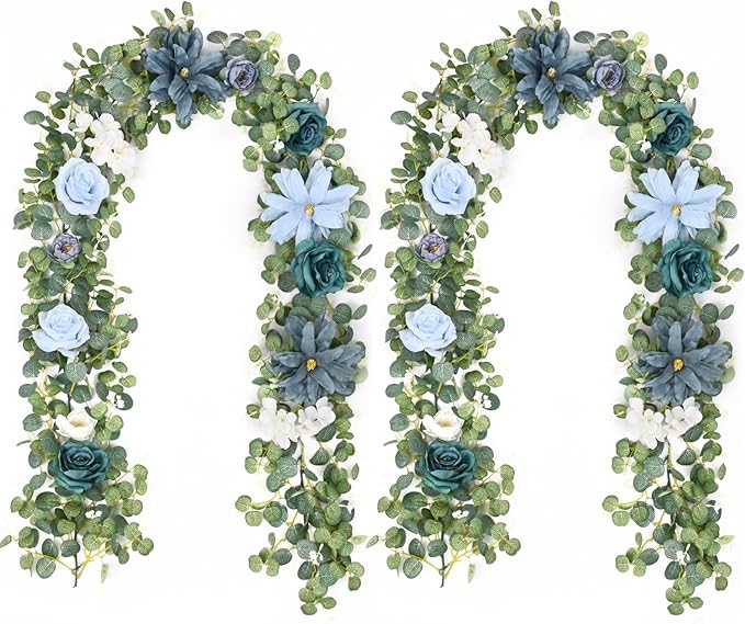 Waipfaru 2Pcs Flower Garland Decorations, Wedding Table Floral Rose Garland for Table Centerpieces Backdrop Wall, Eucalyptus Greenery Vines for Party Room Decor (Dusty Blue)