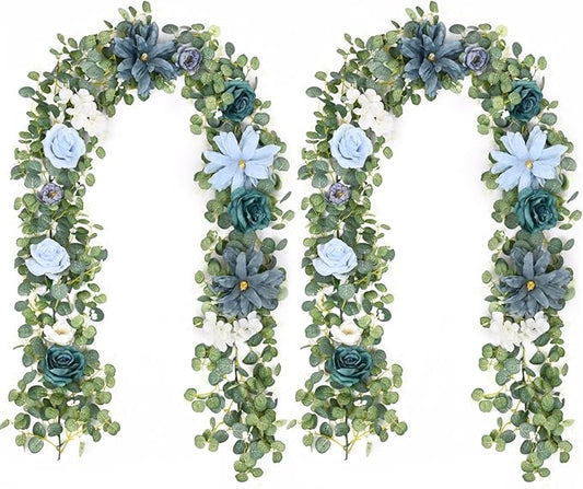 Waipfaru 2Pcs Flower Garland Decorations, Wedding Table Floral Rose Garland for Table Centerpieces Backdrop Wall, Eucalyptus Greenery Vines for Party Room Decor (Dusty Blue)