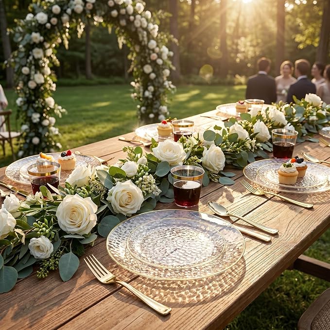 175PCS Clear Plastic Plates for 25 Guests, Disposable Plates for Party, Heavy Duty Disposable Plate Set Include: 25 Dinner Plates, 25 Dessert Plates, 25 Cups and Cutlery for Wedding & Party