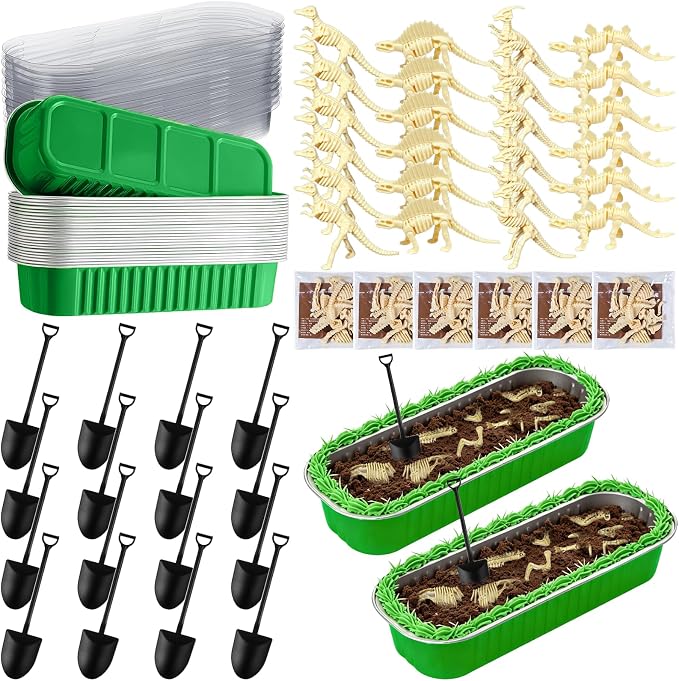 24 Set Dinosaur Fossil Skeleton Cake Toppers Dig Kit Mini Baking Pans with Lids and Shovel Spoons Desserts Tray for Baby Shower DIY Dinosaur Cake Decorations Dino Birthday Party Supplies
