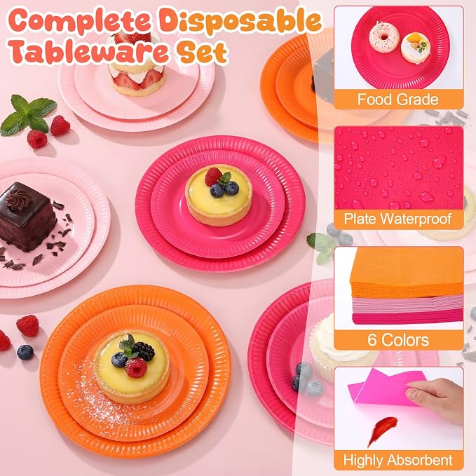 Ziliny 420 Pcs Orange and Pink Paper Plates and Napkins 9 oz Paper Cups Forks Knives Spoons Disposable Tableware for Summer Tropical Theme Birthday Party Supplies, Serves 60