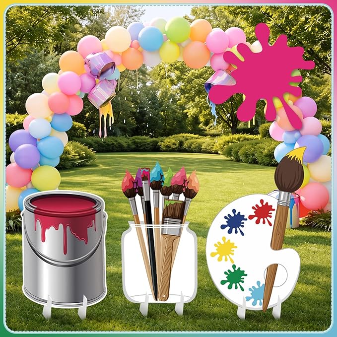 4 Pcs Large Paint Party Decorations - Colorful Art Cardboard Cutouts for Back to School Art Classroom Decor, Paint Can Palette Brush Cutouts for Birthday Baby Shower Craft Photo Props