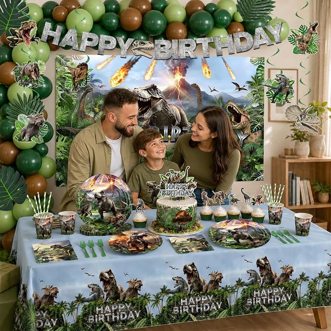 Dinosaur Birthday Party Decorations, 278 PCS Dino Party Supplies Serves 24 with Backdrop, Balloons, Plates Cups Napkins Forks, Cake Toppers, Banner, Swirls & Tablecloth for Boys Girls