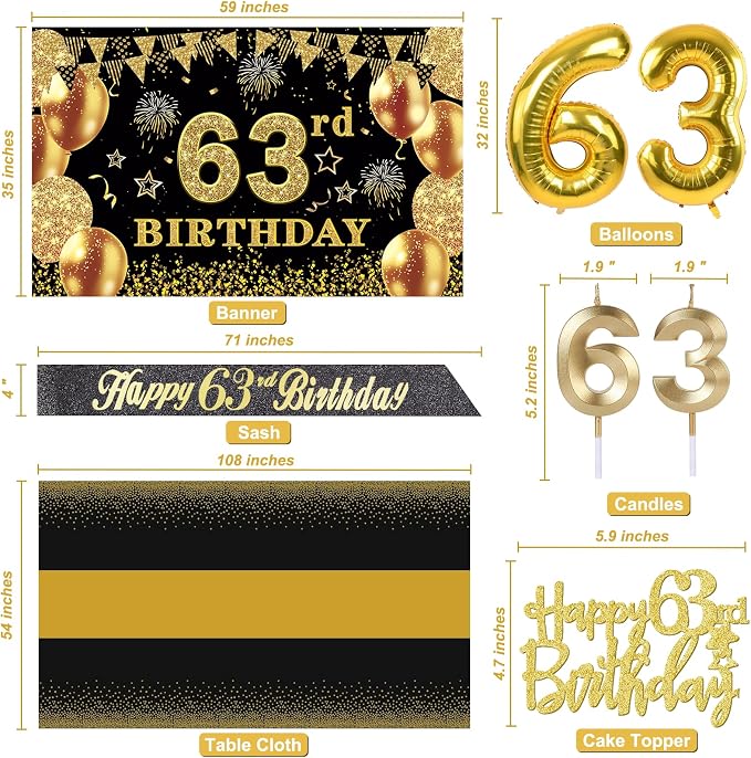 63rd Birthday Decorations Men Women with 63rd Birthday Banner, Black and Gold Table Cloth, Number Balloons, Large Sash, Cake Topper and Candles