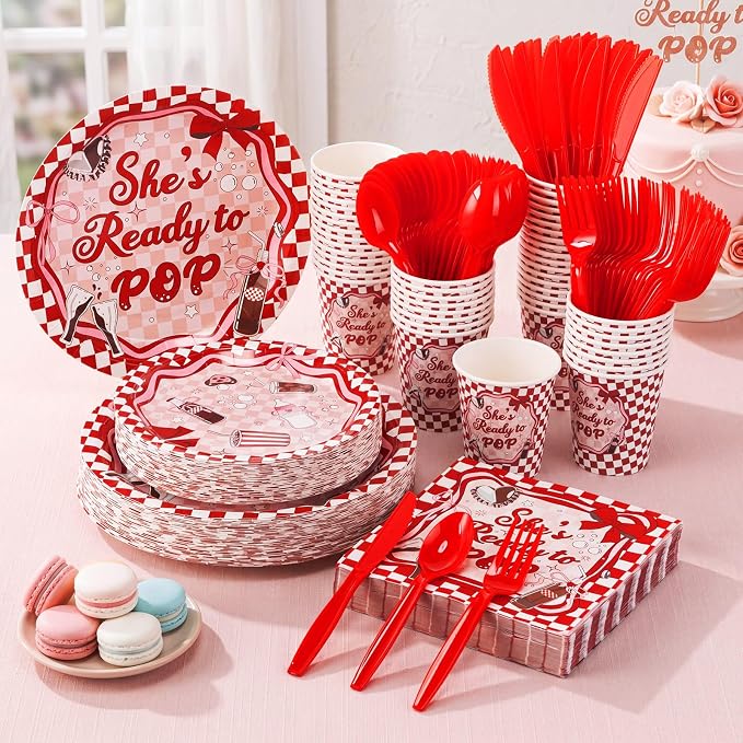 Ziliny 350 Pcs Pop Baby Shower Party Supplies Rainbow Paper Plates Napkins Cups and Plastic Cutlery Party Tableware Set for Baby Shower Birthday Decorations, Serves 50