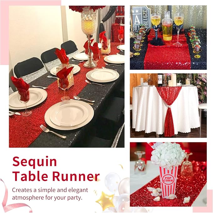 Red Table Runners 10 Packs 12x108 Inch Glitter Sequin Table Runners for Birthday Party Bridal Shower Banquet Wedding Table Decorations