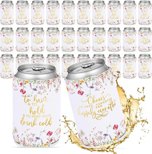 Qinyoung 50 Pieces Wildflower Wedding Can Cooler Sleeves Bulk Engagement Party Favors for Guests Cheers to Love Laughter and Happily Ever After Rehearsal Dinner Decorations for Wedding Bridal