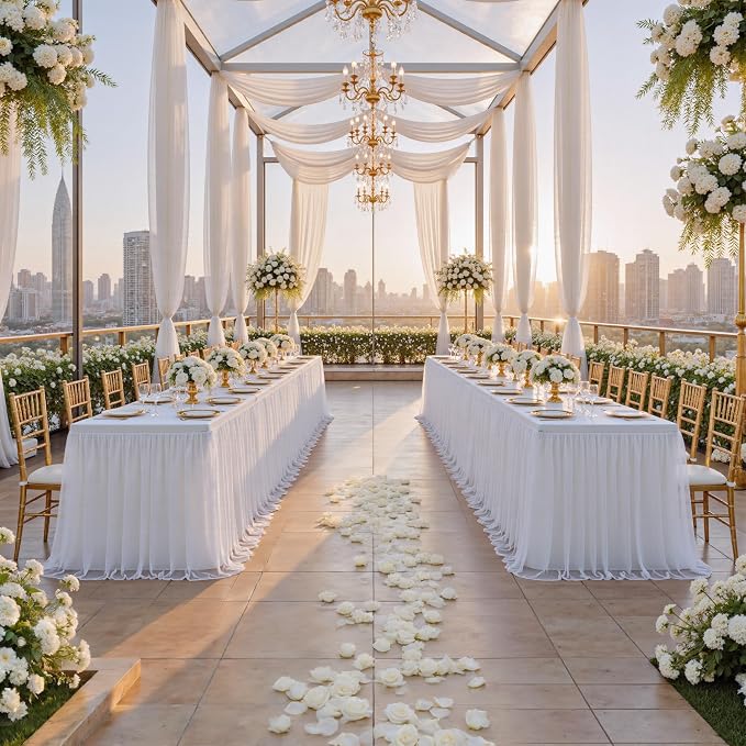 familus White Table Cloths 8 Foot Rectangle 6 Pack Stretch Ruffle Tulle Tablecloth Spandex Fitted Table Cover for 8 Foot Tulle Table Skirts for Party Wedding Table Cloths, Banquets