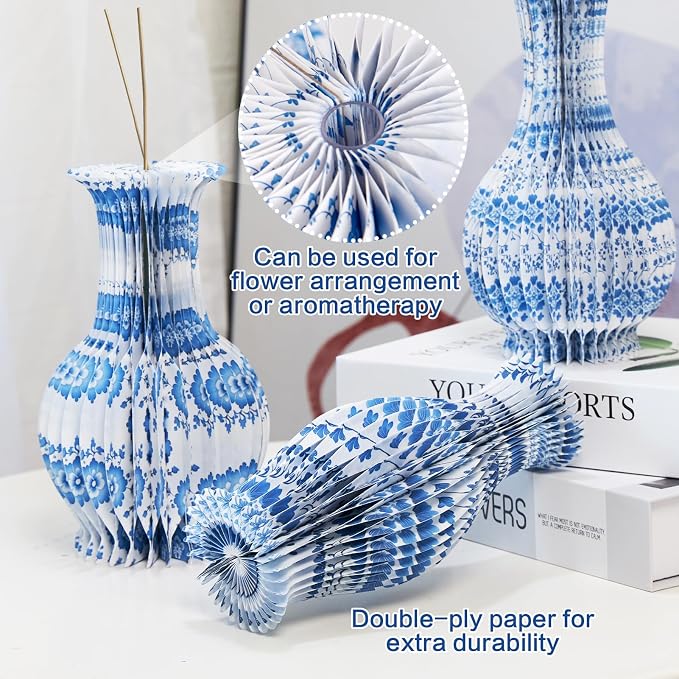 SUNBEAUTY 3 Pcs Blue and White Paper Honeycomb Vases, Mini Chinoiserie Vintage Paper Vase Set with Magnetic Closure, Chinese Style Table Centerpieces for Wedding,Baby Shower, Home & Party Decor