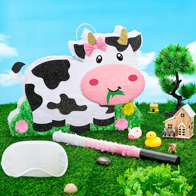 WERNNSAI Dairy Cow Piñata - Farm Animal Party Game Cow Piñata for Girls Birthday Party Decorations Kids Happy Party Favor Supplies with Bat Blindfold, Farm Theme Candy Toys Filler