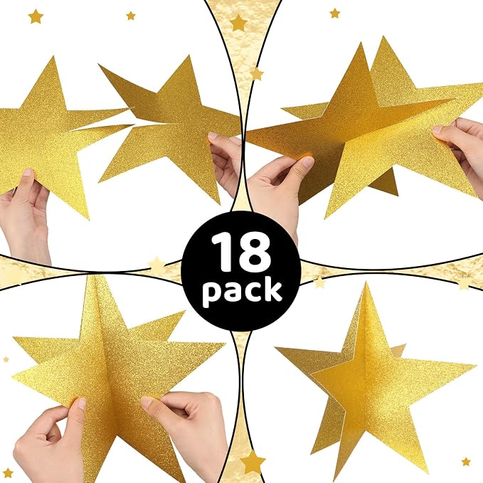 Sinload 18 Pcs Large 3D Glitter Star Decorations Back to School Work Black Gold Star Centerpiece Standing Hanging Decor for School Centerpiece Starry Movie Night Themed Party Decor