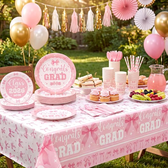 LemonRoad 452 Pcs 2026 Pink Bow Graduation Decoration for 50, Pink and White Grad Paper Plates Napkins Cups Tablecloth Cutlery Straw Coquette Disposable Tableware for Freshly Graduated Party Supplies