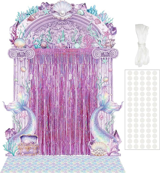 VitalCozy 7pcs Mermaid Party Decorations Fish Tail Castle Party Porch Banners Rug Laser Pink Foil Fringe Backdrop Curtains for Glitter Mermaid Birthday Halloween Photo Background Door Entryway Decor