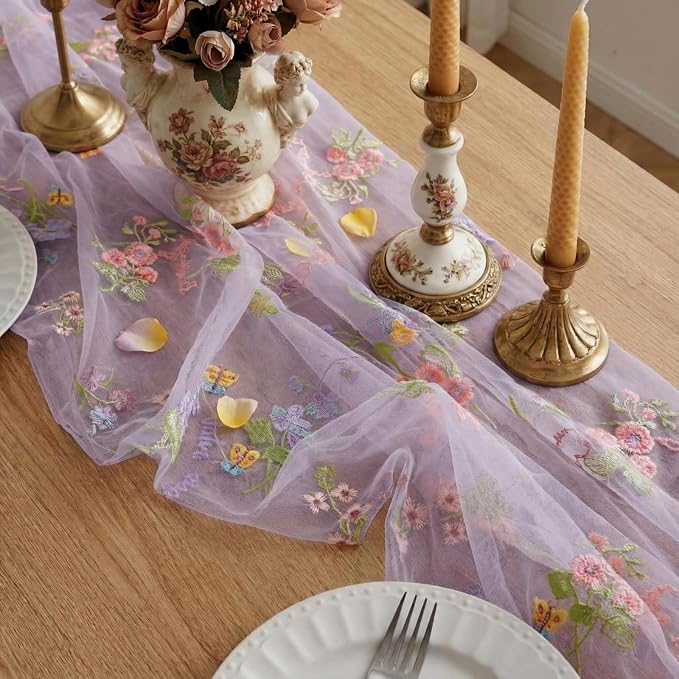 Purple Floral Table Runner 10ft Embroidery Tulle Spring Wildflower Gauze Table Runner Seasonal Summer Butterfly Kitchen Dining Decoration for Wedding Baby Shower Birthday Party (1 Pcs)