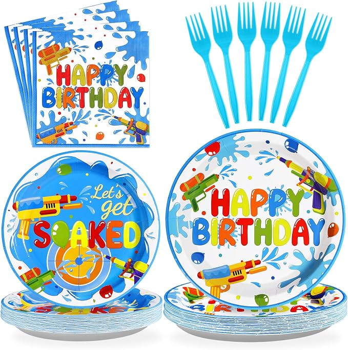 Grencian 96Pcs Summer Water Gun Party Decorations Water Gun Party Plates Disposable Let's Get Soaked Paper Tableware Set for Pool Beach Birthday Summer Splash Fun Supplies, Serves 24
