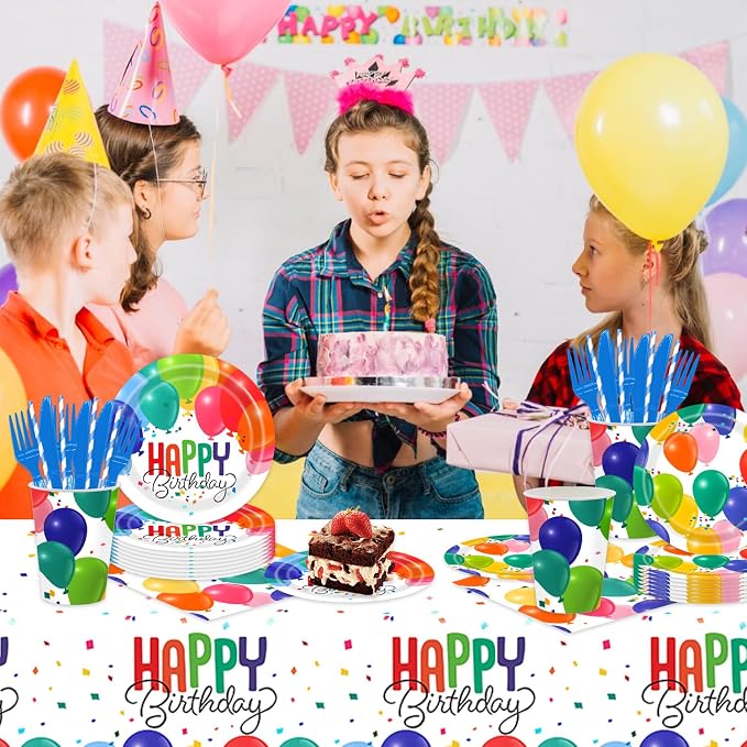141Pcs Balloon Birthday Party Decorations - Tableware Party Supplies Plates and Napkins Forks Cups Straws Cutlery Colorful Balloons for Baby Shower Birthday Decorations Serves 20 Guests