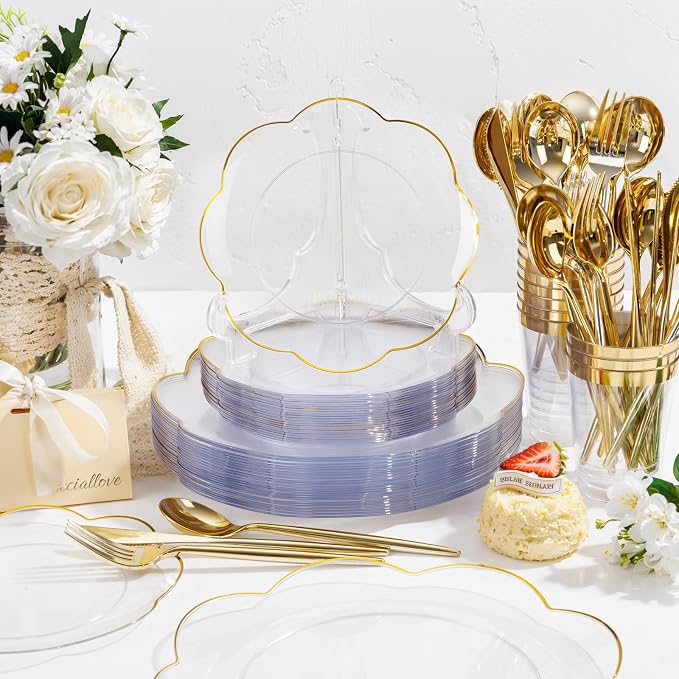 ejonirinjonir EI 180pcs Clear and Gold Plastic Plates with Plastic Silverware,Dinnerware Plate Set for Party,Disposable Plates Heavy Duty Clear Gold Cups for Wedding,Birthday,Spring Afternoon Tea