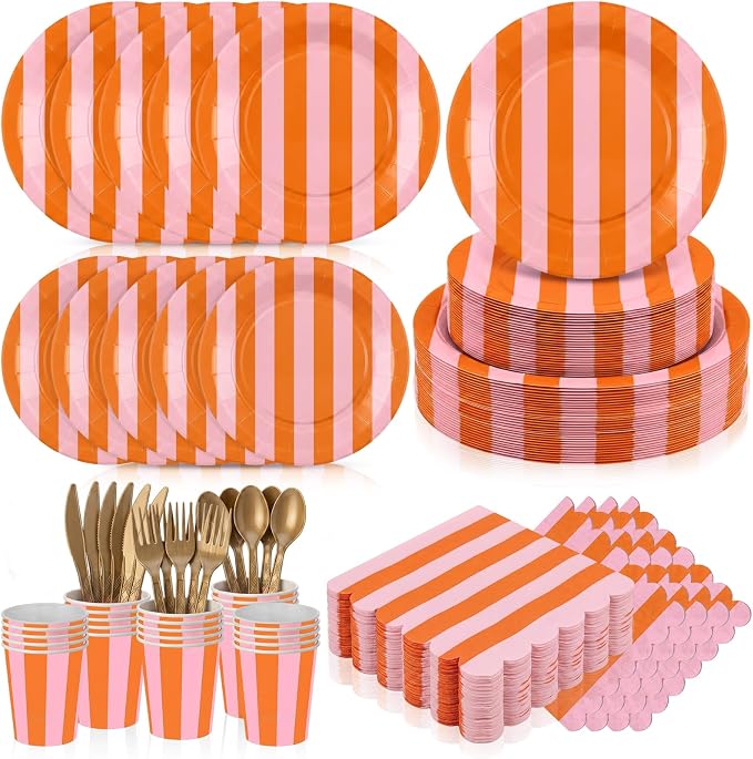 Mimorou 350 Pcs Orange and Pink Striped Paper Plates and Napkins for 50 Guests, Orange Disposable Tableware Plates Cup Napkins Spoon Fork Knife for Sunset Wedding Baby Shower Birthday Party Supplies