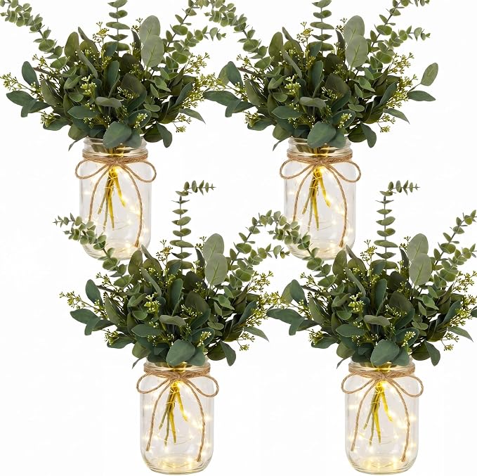 4 Sets Mason Jar Centerpiece with LED Lights and Pink Hydrangea Fake Flowers Vase for Wedding Bridal Shower Party Coffee Table Decor