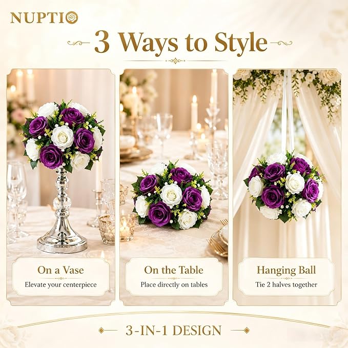 NUPTIO Flower Balls Centerpieces for Tables: Purple & White Fake Roses | 2 Pcs 9.5 inch, Artificial Flower Arrangements for Wedding, Birthday Party, Bridal Shower, Quinceanera Decorations