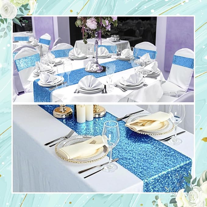 54 Pieces of Blue Sequin Chair Ribbons and Table Runners, 48 Sequin Chair Bows, 6 Glitter Table Runners, Suitable for Wedding Parties Birthday Meeting Events Decorations (Blue)