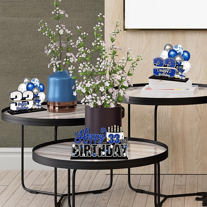LINGTEER Happy 33rd Birthday Blue Acrylic Table Topper Centerpieces Set - Cheers to 33 Years Old Birthday 33rd Bday Party Gift Decorations.
