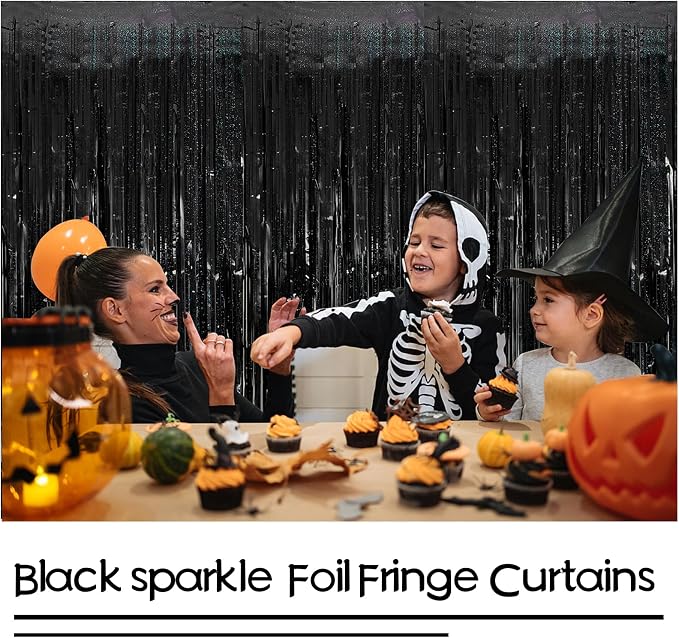 Tinsel Curtain Backdrop Black Birthday & Wedding Decorations 2 Packs Glitter Foil Fringe Curtain Decor Streamers Photo Booth for Christmas & Halloween