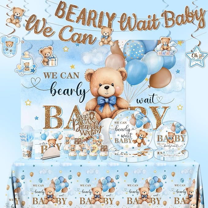 Blue Bear Baby Shower Decorations for Boy, All-in-1 Bear Party Decorations with Balloon Arch Kit Wood Grain Baby Boxes Plates Napkins Cake Toppers Tablecloth Backdrop Blue and Brown Baby Shower Decor