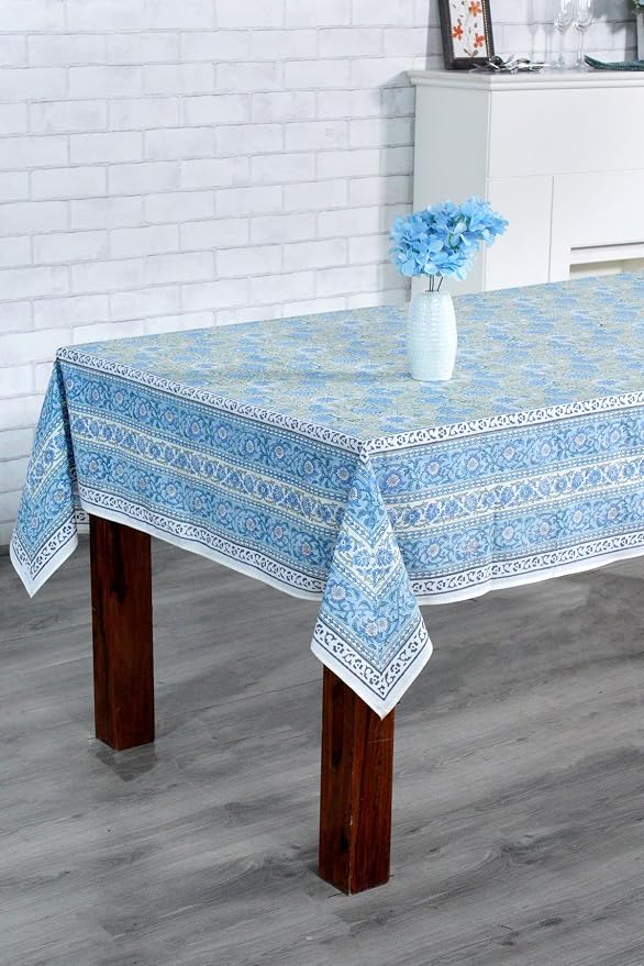 Ridhi Asparagus Green Gadd Hand Block Print Cotton Rectangle Tablecloth 140" x 72" inches Reusable Table Cover Decorative Everyday Use for Dining Room, Farmhouse, Home Gift for Spring, Mother's Day