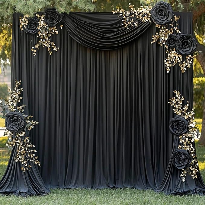 10ftx12ft Black Wrinkle-Free Wedding Backdrop Curtain -Silky Washable Black Polyester Drapes for Baby Showers, Birthday Parties, Photography, and Wedding Receptions-2 Panels 5FTx12FT