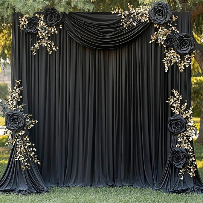 60ftx12ft Black Wrinkle-Free Wedding Backdrop Curtain -Silky Washable Black Polyester Drapes for Baby Showers, Birthday Parties, Photography, and Wedding Receptions-12 Panels 5FTx12FT