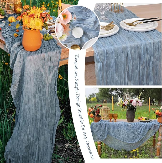 8 Pack Dusty Blue Cheesecloth Table Runner 10FT Long Boho Gauze Fabric Table Runner Vintage Rustic Sheer Runners for Wedding Party Bridal Baby Shower Table Decorations